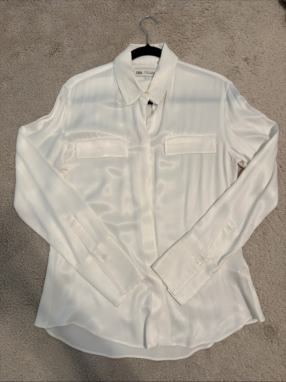 Zara White Satin-Look Button-Down Shirt